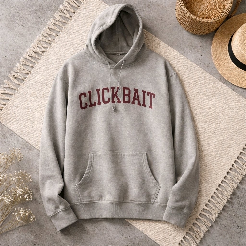 Clickbait Crewneck Hoodie - Gray with Maroon Text